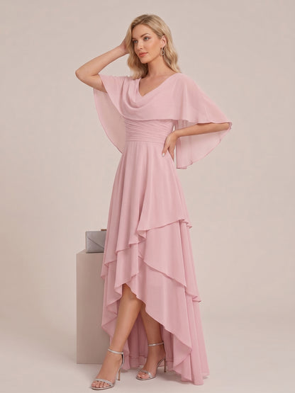 Robe Mère de la Mariée en Mousseline Ligne A/Princesse, Coupe Asymétrique à Volants Étagés, Col en V