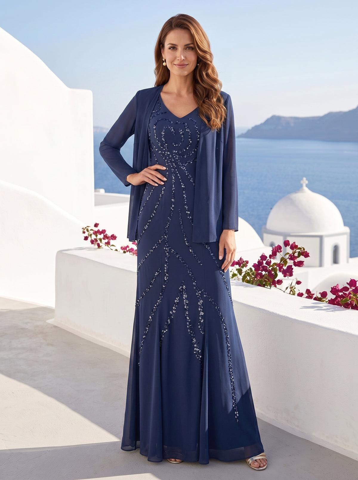 Robe de Mère de la Mariée Fourreau/Colonne à Col En V et Longueur Au Sol avec Veste et Paillettes