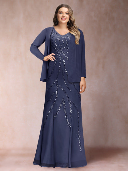 Robe de Mère de la Mariée Grande Taille, Coupe Fourreau/Colonne, Col en V, Longueur au Sol avec Veste et Paillettes