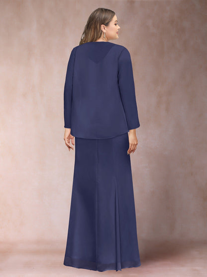 Robe de Mère de la Mariée Grande Taille, Coupe Fourreau/Colonne, Col en V, Longueur au Sol avec Veste et Paillettes
