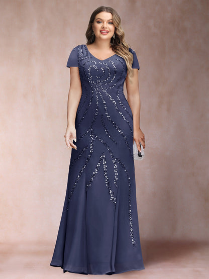 Robe de Mère de la Mariée Grande Taille, Coupe Fourreau/Colonne, Col en V, Longueur au Sol avec Veste et Paillettes