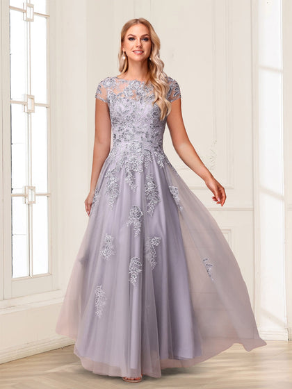 Robe de Soirée Longue Trapèze/Princesse à Col Transparent et Manches Courtes avec Perles et Appliques