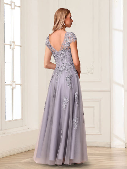Robe de Soirée Longue Trapèze/Princesse à Col Transparent et Manches Courtes avec Perles et Appliques