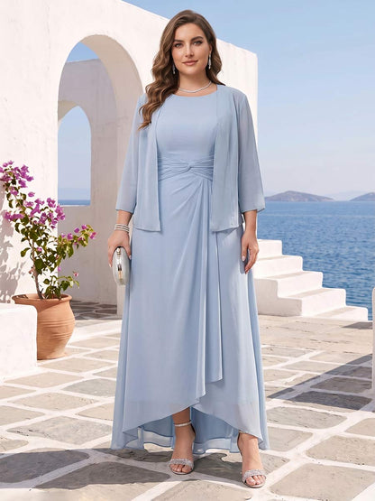 Robe de la mère de la mariée grande taille trapèze, col rond sans manches, longueur cheville, froncée avec veste