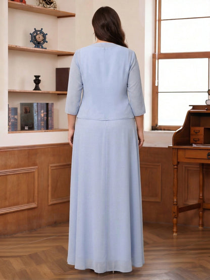 Robe de la mère de la mariée grande taille trapèze, col rond sans manches, longueur cheville, froncée avec veste