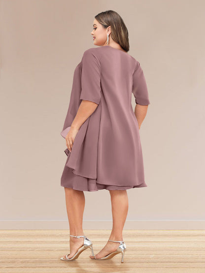 Robe de Soirée Grande Taille, Coupe Trapèze/Princesse, Manches Mi-Longues avec Volants et Veste