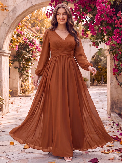 Robe de demoiselle d'honneur grande taille longue en satin de soie, coupe trapèze/princesse, col en V, manches longues, avec poches