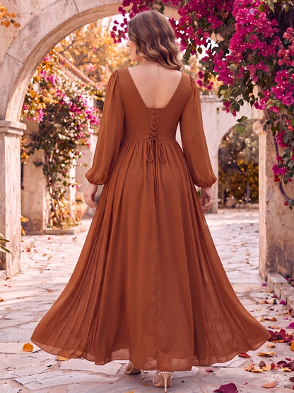 Robe de demoiselle d'honneur grande taille longue en satin de soie, coupe trapèze/princesse, col en V, manches longues, avec poches