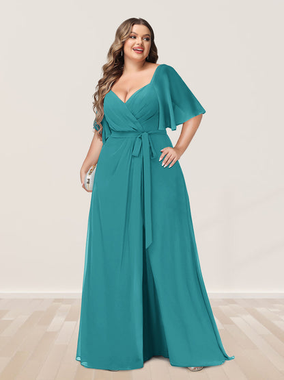 Ligne A/Princesse Col en V Demi-manchess Grande Taille Côté Divisé Robes de Demoiselle d'Honneur