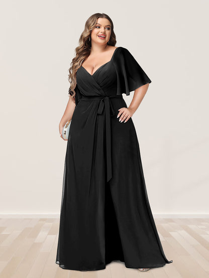 Ligne A/Princesse Col en V Demi-manchess Grande Taille Côté Divisé Robes de Demoiselle d'Honneur
