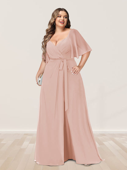 Ligne A/Princesse Col en V Demi-manchess Grande Taille Côté Divisé Robes de Demoiselle d'Honneur