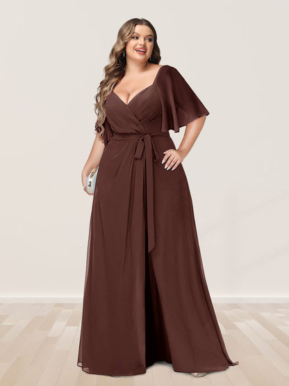 Ligne A/Princesse Col en V Demi-manchess Grande Taille Côté Divisé Robes de Demoiselle d'Honneur