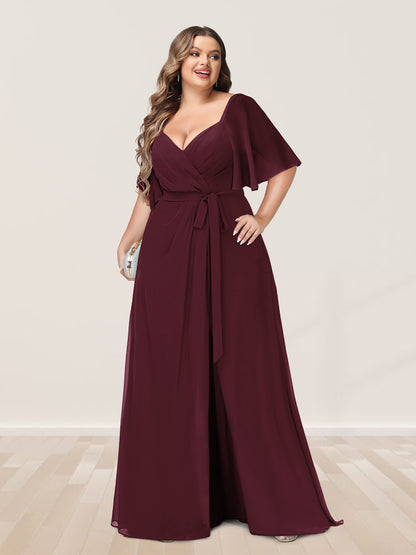 Ligne A/Princesse Col en V Demi-manchess Grande Taille Côté Divisé Robes de Demoiselle d'Honneur