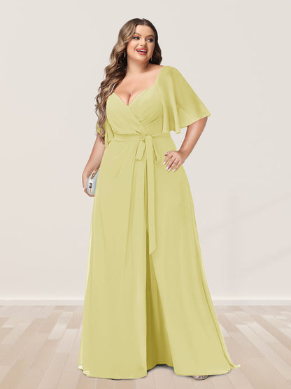 Ligne A/Princesse Col en V Demi-manchess Grande Taille Côté Divisé Robes de Demoiselle d'Honneur