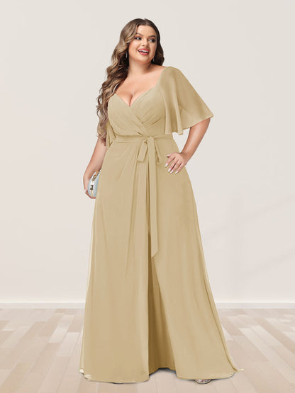 Ligne A/Princesse Col en V Demi-manchess Grande Taille Côté Divisé Robes de Demoiselle d'Honneur