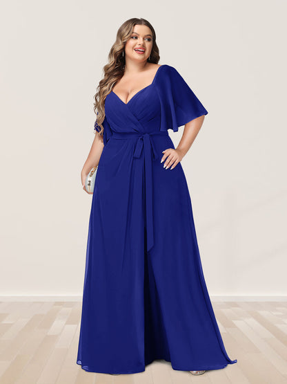 Ligne A/Princesse Col en V Demi-manchess Grande Taille Côté Divisé Robes de Demoiselle d'Honneur