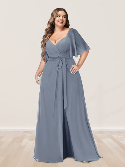 Ligne A/Princesse Col en V Demi-manchess Grande Taille Côté Divisé Robes de Demoiselle d'Honneur