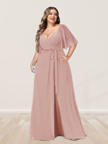 Ligne A/Princesse Col en V Demi-manchess Grande Taille Côté Divisé Robes de Demoiselle d'Honneur