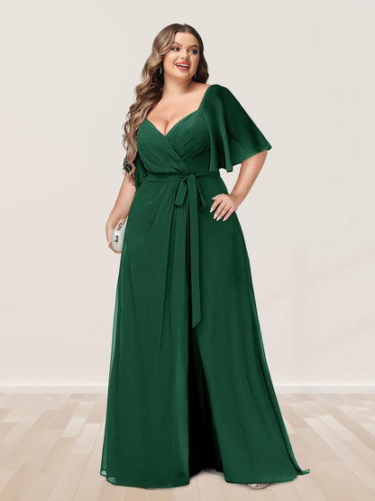 Ligne A/Princesse Col en V Demi-manchess Grande Taille Côté Divisé Robes de Demoiselle d'Honneur