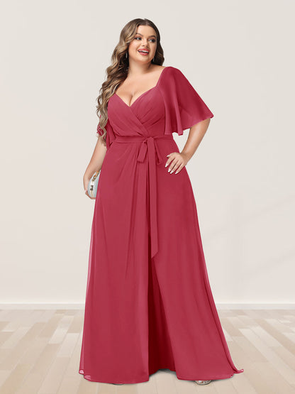 Ligne A/Princesse Col en V Demi-manchess Grande Taille Côté Divisé Robes de Demoiselle d'Honneur