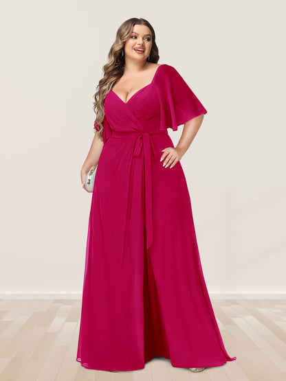 Ligne A/Princesse Col en V Demi-manchess Grande Taille Côté Divisé Robes de Demoiselle d'Honneur