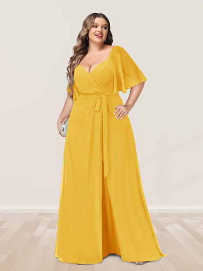 Ligne A/Princesse Col en V Demi-manchess Grande Taille Côté Divisé Robes de Demoiselle d'Honneur
