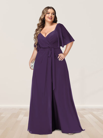 Ligne A/Princesse Col en V Demi-manchess Grande Taille Côté Divisé Robes de Demoiselle d'Honneur