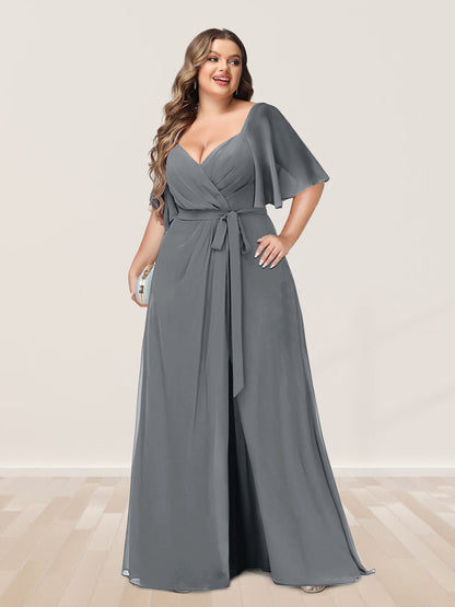 Ligne A/Princesse Col en V Demi-manchess Grande Taille Côté Divisé Robes de Demoiselle d'Honneur