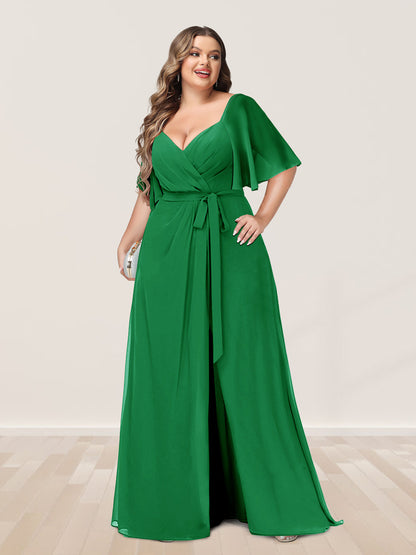 Ligne A/Princesse Col en V Demi-manchess Grande Taille Côté Divisé Robes de Demoiselle d'Honneur