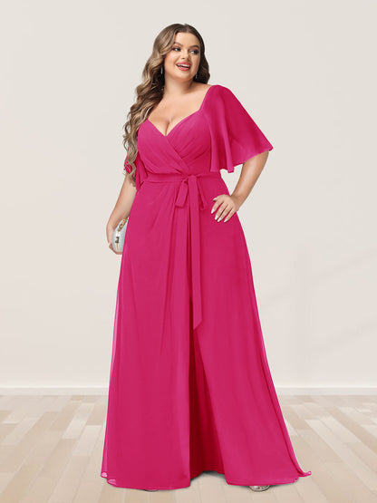 Ligne A/Princesse Col en V Demi-manchess Grande Taille Côté Divisé Robes de Demoiselle d'Honneur