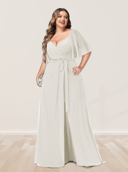 Ligne A/Princesse Col en V Demi-manchess Grande Taille Côté Divisé Robes de Demoiselle d'Honneur