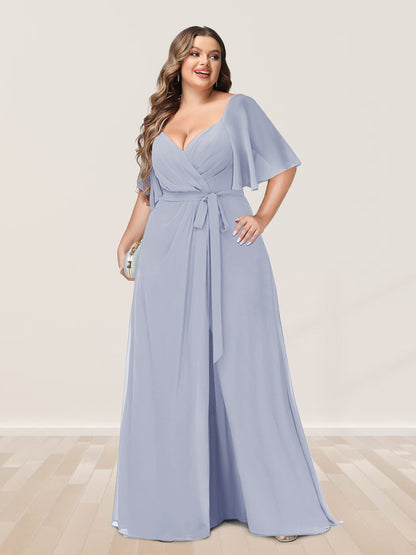 Ligne A/Princesse Col en V Demi-manchess Grande Taille Côté Divisé Robes de Demoiselle d'Honneur