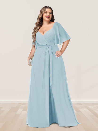 Ligne A/Princesse Col en V Demi-manchess Grande Taille Côté Divisé Robes de Demoiselle d'Honneur