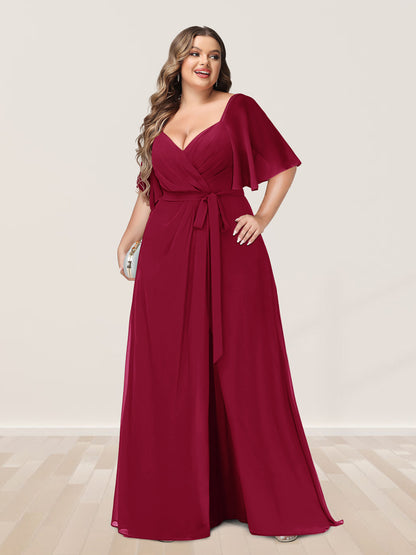 Ligne A/Princesse Col en V Demi-manchess Grande Taille Côté Divisé Robes de Demoiselle d'Honneur