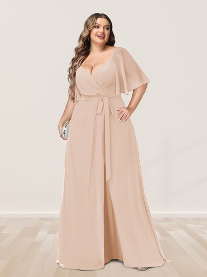 Ligne A/Princesse Col en V Demi-manchess Grande Taille Côté Divisé Robes de Demoiselle d'Honneur
