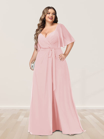 Ligne A/Princesse Col en V Demi-manchess Grande Taille Côté Divisé Robes de Demoiselle d'Honneur