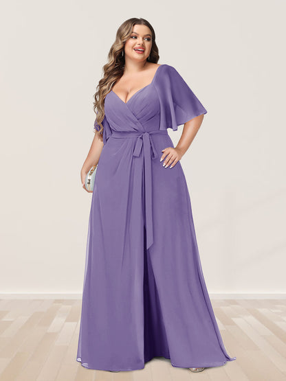 Ligne A/Princesse Col en V Demi-manchess Grande Taille Côté Divisé Robes de Demoiselle d'Honneur