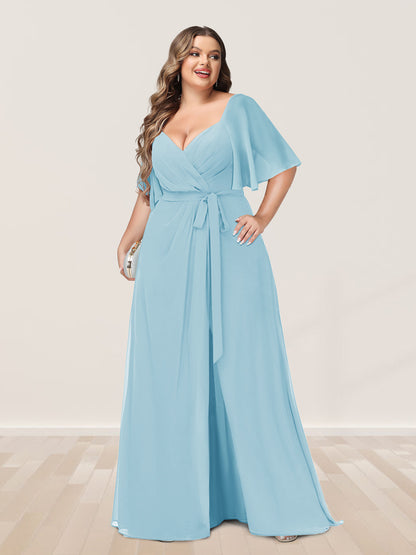 Ligne A/Princesse Col en V Demi-manchess Grande Taille Côté Divisé Robes de Demoiselle d'Honneur