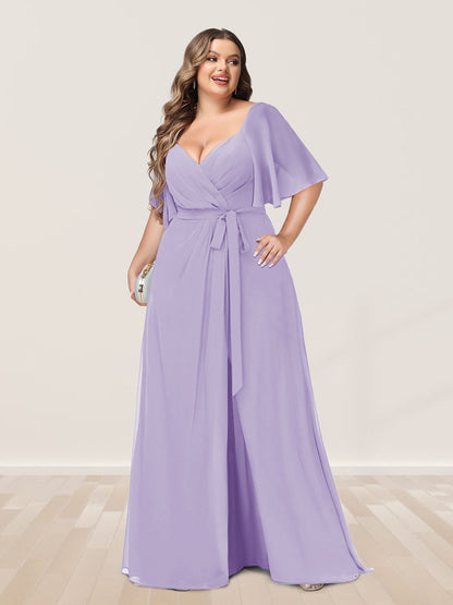 Ligne A/Princesse Col en V Demi-manchess Grande Taille Côté Divisé Robes de Demoiselle d'Honneur