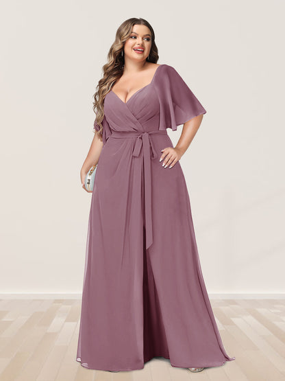 Ligne A/Princesse Col en V Demi-manchess Grande Taille Côté Divisé Robes de Demoiselle d'Honneur