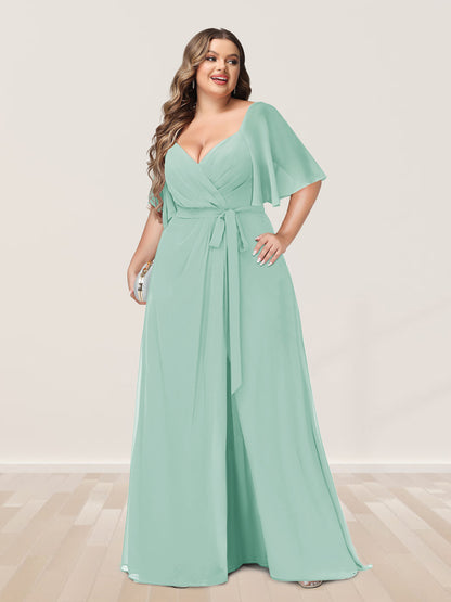 Ligne A/Princesse Col en V Demi-manchess Grande Taille Côté Divisé Robes de Demoiselle d'Honneur