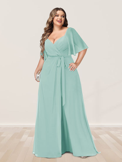 Ligne A/Princesse Col en V Demi-manchess Grande Taille Côté Divisé Robes de Demoiselle d'Honneur
