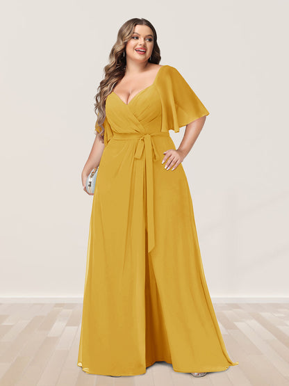 Ligne A/Princesse Col en V Demi-manchess Grande Taille Côté Divisé Robes de Demoiselle d'Honneur