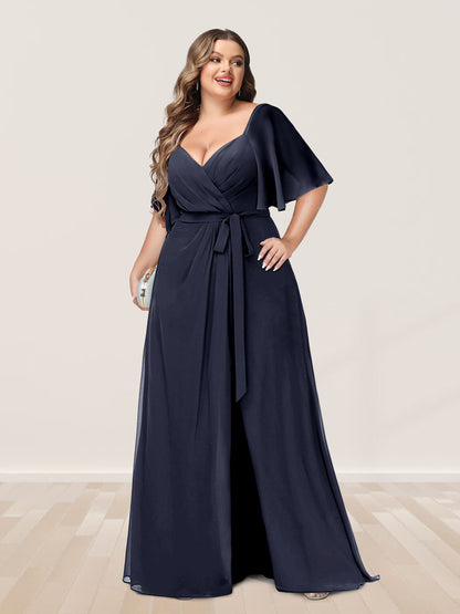Ligne A/Princesse Col en V Demi-manchess Grande Taille Côté Divisé Robes de Demoiselle d'Honneur