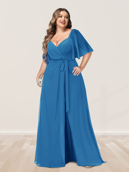 Ligne A/Princesse Col en V Demi-manchess Grande Taille Côté Divisé Robes de Demoiselle d'Honneur