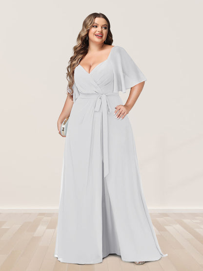 Ligne A/Princesse Col en V Demi-manchess Grande Taille Côté Divisé Robes de Demoiselle d'Honneur