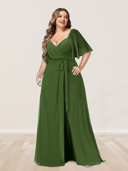 Ligne A/Princesse Col en V Demi-manchess Grande Taille Côté Divisé Robes de Demoiselle d'Honneur