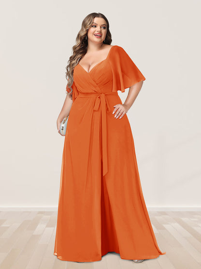 Ligne A/Princesse Col en V Demi-manchess Grande Taille Côté Divisé Robes de Demoiselle d'Honneur