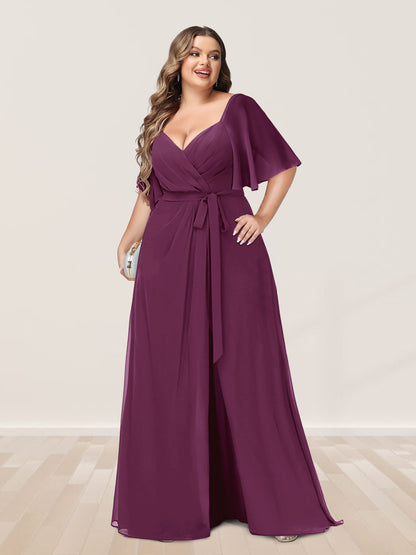 Ligne A/Princesse Col en V Demi-manchess Grande Taille Côté Divisé Robes de Demoiselle d'Honneur