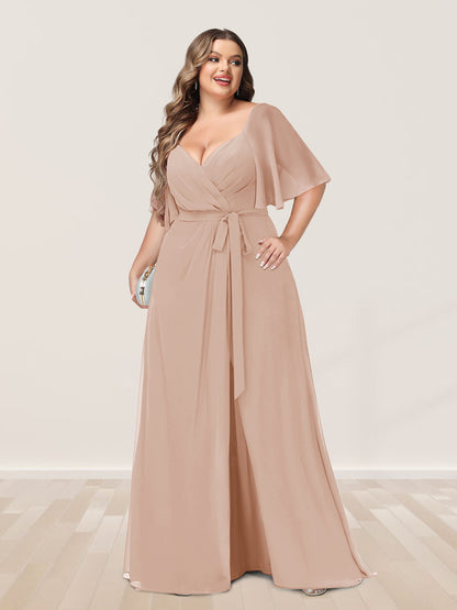 Ligne A/Princesse Col en V Demi-manchess Grande Taille Côté Divisé Robes de Demoiselle d'Honneur